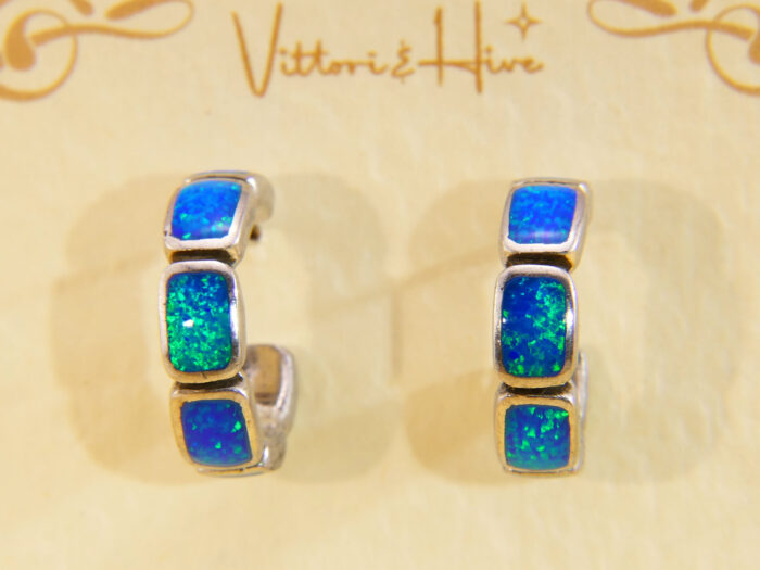 Vintage Chunky Silver Huggy Hoops Earrings Opal 4