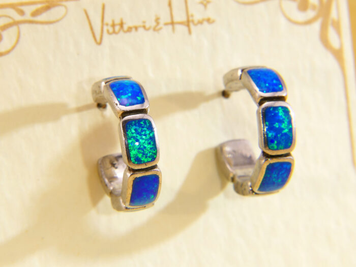 Vintage Chunky Silver Huggy Hoops Earrings Opal 5