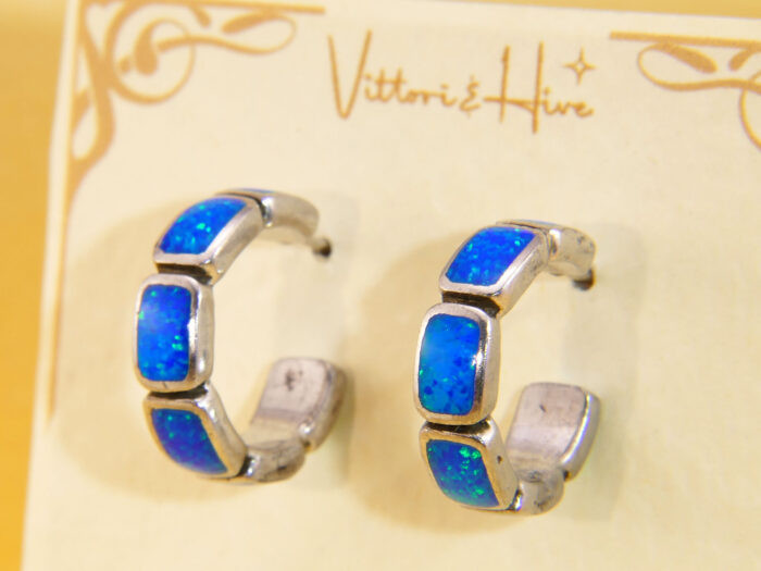 Vintage Chunky Silver Huggy Hoops Earrings Opal 7