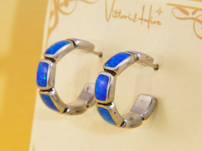 Vintage Chunky Silver Huggy Hoops Earrings Opal 8