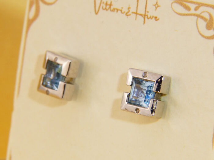 Vintage white gold diamond blue topaz stud earrings 1