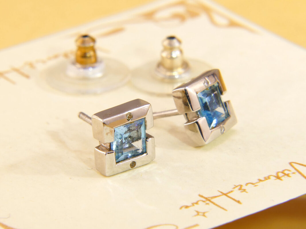 Vintage white gold diamond blue topaz stud earrings 6
