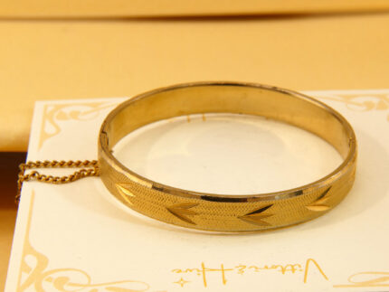 Vintage 18ct Rolled Gold Etched Hinged Bangle With Safety Chain 1970s 1
