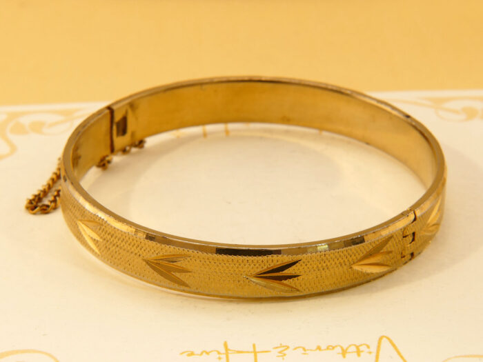 Vintage 18ct Rolled Gold Etched Hinged Bangle With Safety Chain 1970s 2