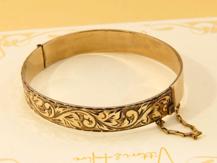 Vintage 9ct Rolled Gold Floral Engraved Hinged Bangle 1977 Hallmarked 5