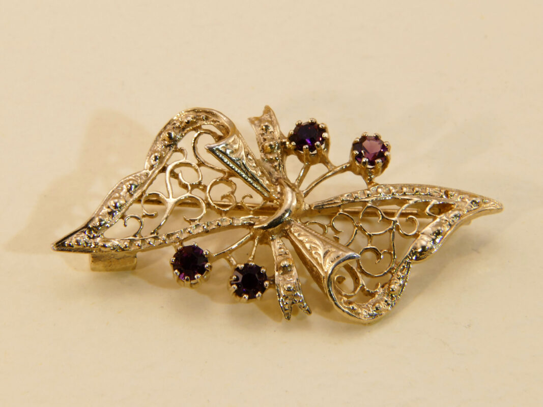 victorian style ribbon bow brooch ruby amethyst gold plated silver 2