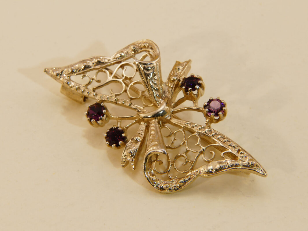 victorian style ribbon bow brooch ruby amethyst gold plated silver 3