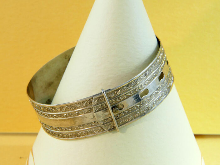 Victorian Sterling Silver Adjustable Belt Bangle with Floral Scroll 1 Victorian Sterling Silver Adjustable Belt Bangle with Floral Scroll 1