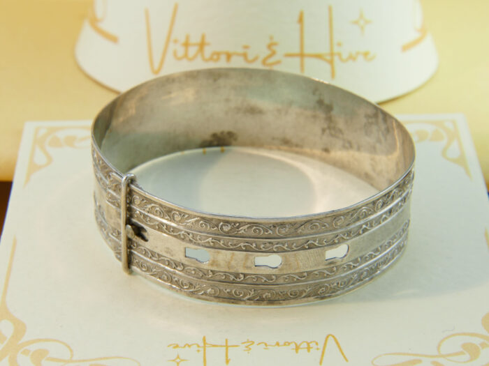 Victorian Sterling Silver Adjustable Belt Bangle with Floral Scroll 4