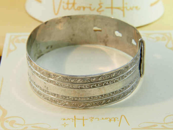 Victorian Sterling Silver Adjustable Belt Bangle with Floral Scroll 5