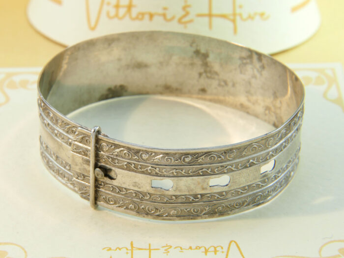 Victorian Sterling Silver Adjustable Belt Bangle with Floral Scroll 6