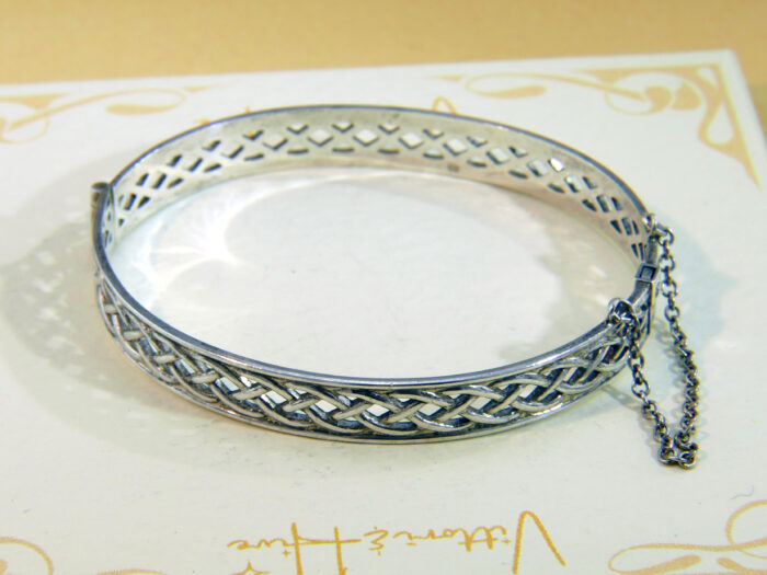 Vintage Sterling Silver Celtic Knot Hinged Bangle with Safety Chain 2