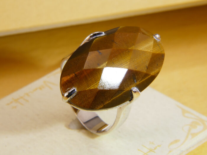 Vintage Sterling Silver Tiger’s Eye Statement Ring 1980s Size T 3