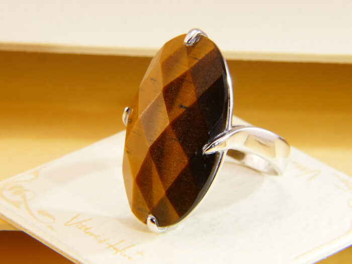 Vintage Sterling Silver Tiger’s Eye Statement Ring 1980s Size T 5
